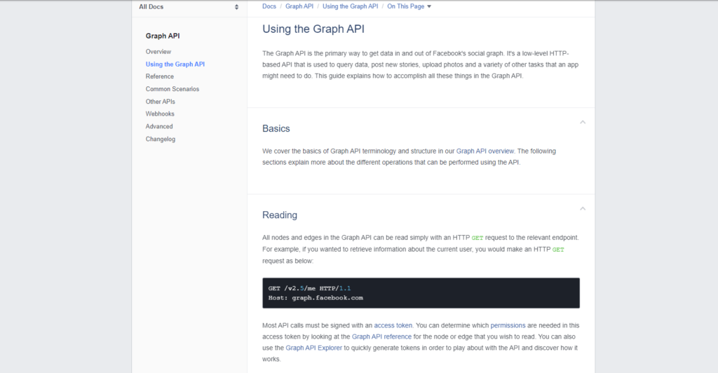 Скриншот документации API для интеграции социальных сетей, Facebook Graph API